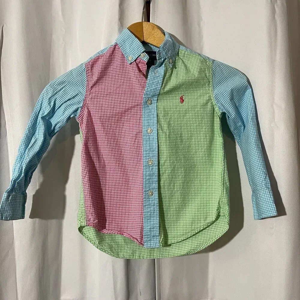 Ralph Lauren Boys Shirt Multicolor Color Block Checked Pony Button 4T